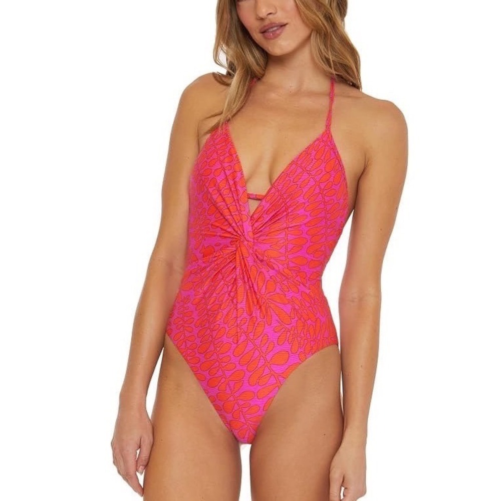 Trina Turk One Piece Swimsuit Womens 6 Pink Orange Tropical Halter Twist Front